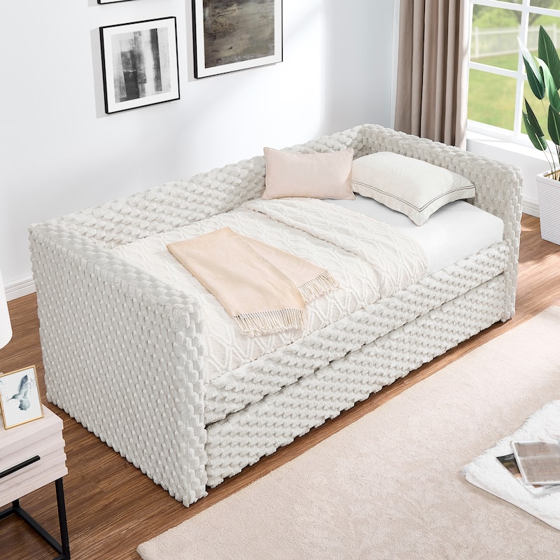 Twin Size Convertible Daybed with Plaid Corduroy Upholstered Sofa Bed Pull-Out Trundle (Space-Saving Design)