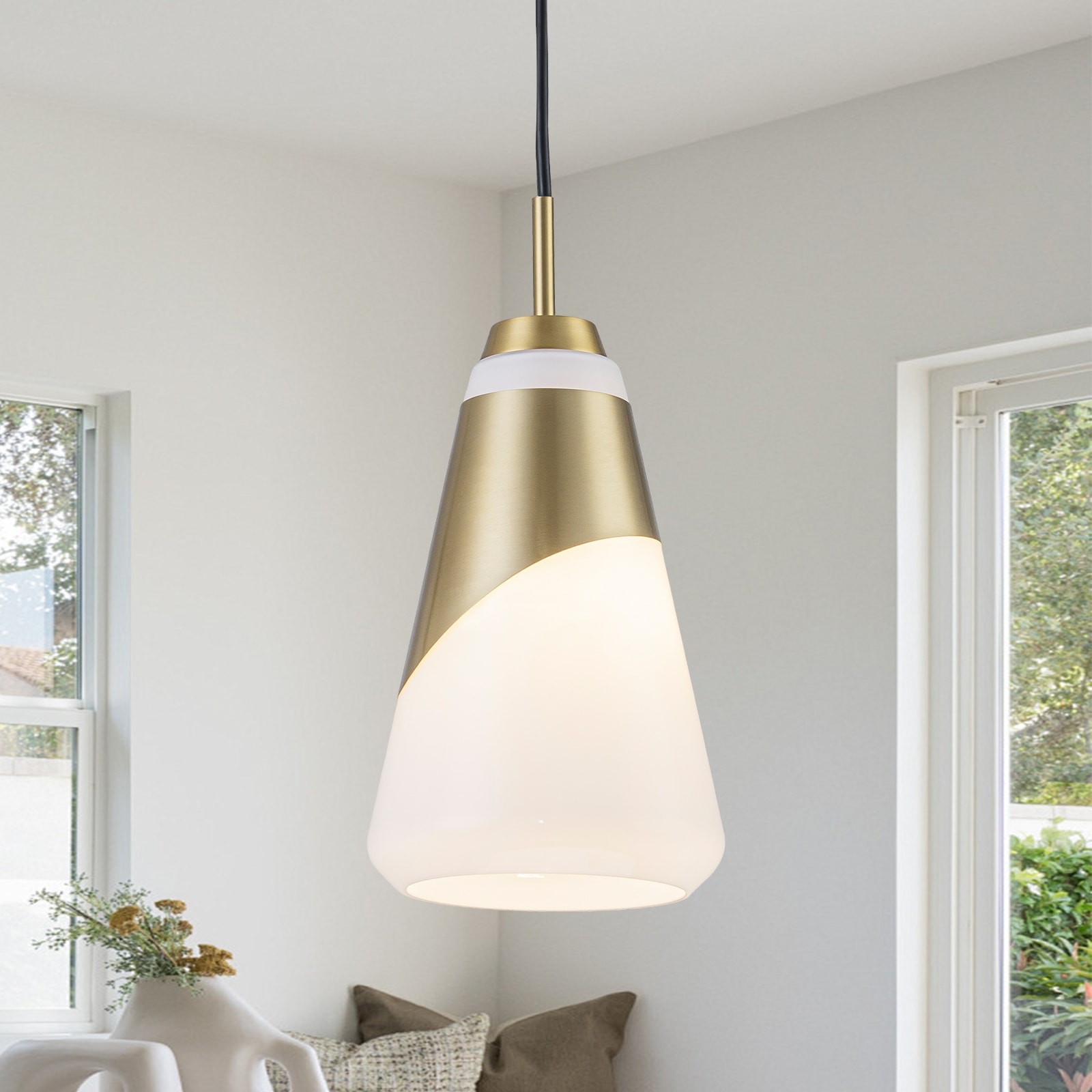 1-Light Brushed Gold & White Cone Opal Glass Pendant Light Modern - Dia.6-in