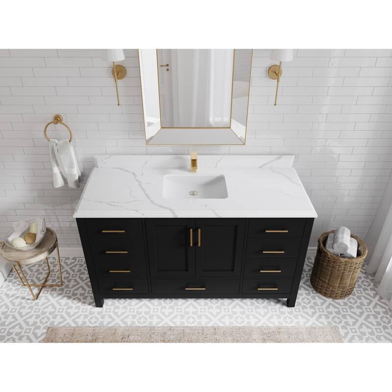 Willow Collections 60 in. W x 22 in. D Malibu Single Sink Bathroom Vanity with Countertop - 1.5" Calacatta Laza - Black