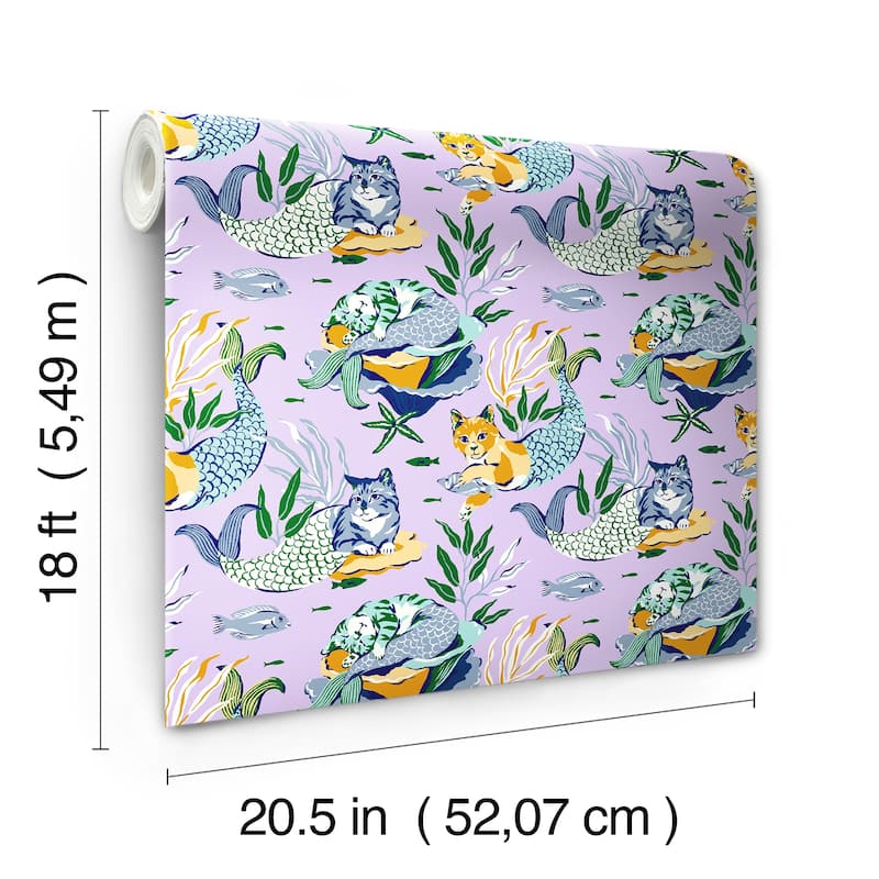 PrintFresh Meowing Mermaids Lavender Peel and Stick Wallpaper