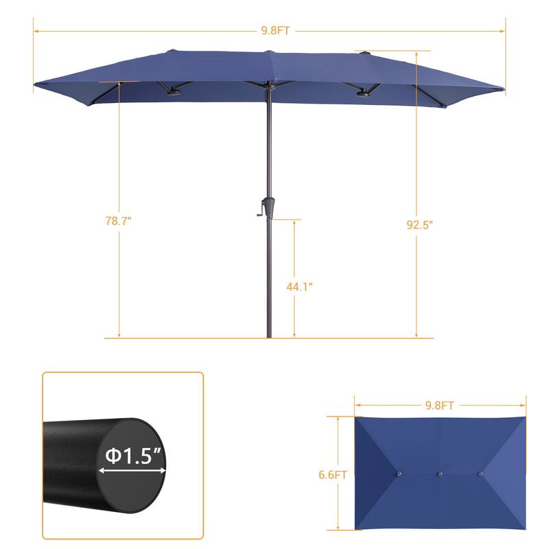 LIVOOSUN 10 x 6.5Ft Large Double-Sided Rectangular Outdoor Patio Market Umbrella with Crank, Gray