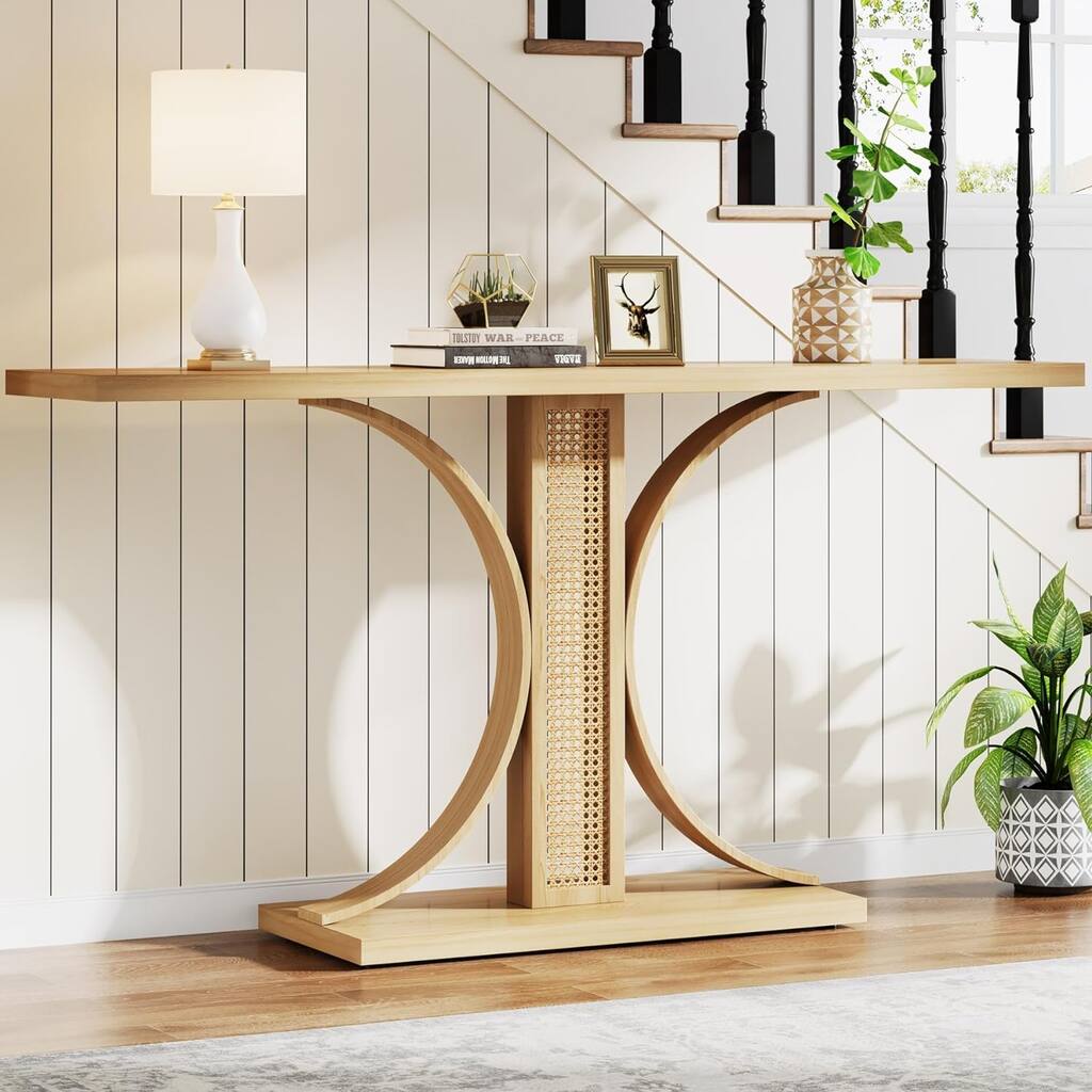 55 Inches Rattan Console Table for Living Room, Hallway, Foyer