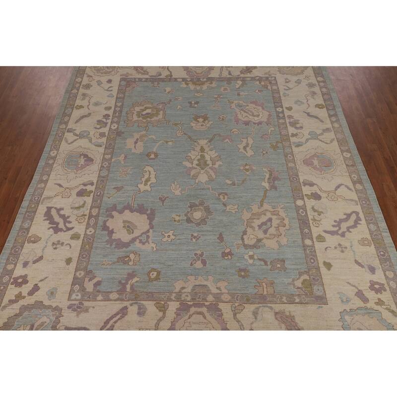 Light Blue Oushak Area Rug Hand-Knotted Vegetable Dye Wool Carpet - 9'1"x 12'2"