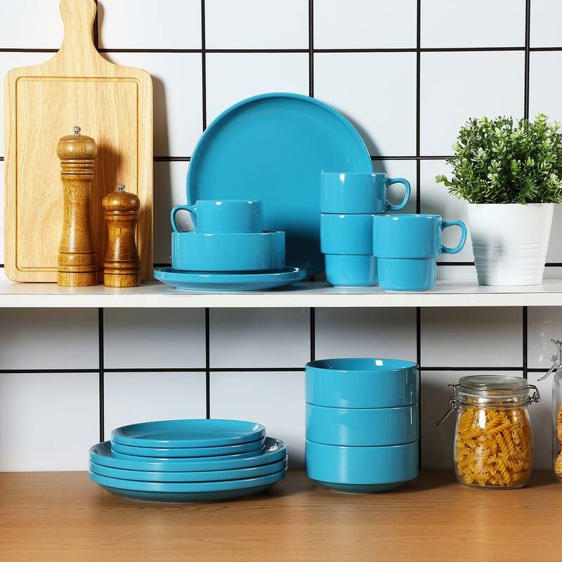 LOVECASA 16-Piece Round Dinnerware Set Stackable, Service for 4