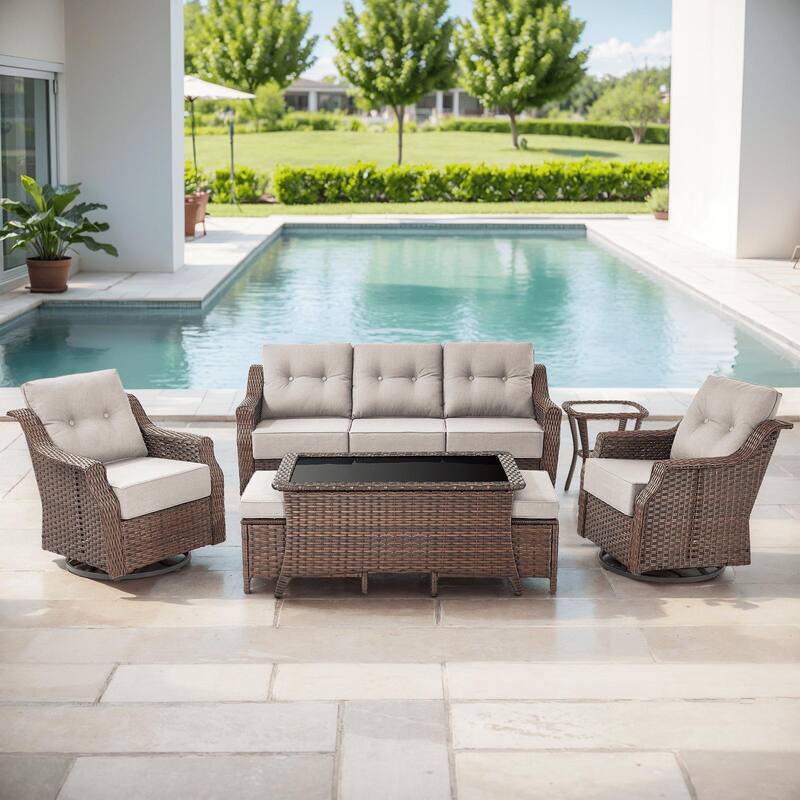 Outdoor Wicker Rattan Sofa Set for Garden - Brown Wicker & Beige Cushion - 7PCS Sofa Glider Chair Table with Ottoman