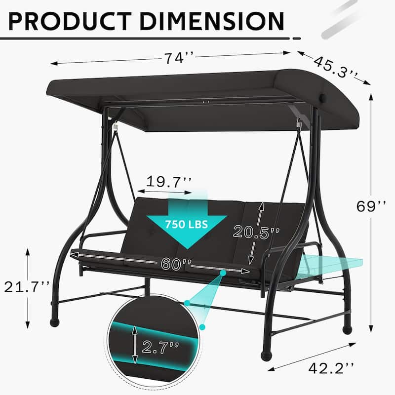 3-Seat Metal Patio Swing, Outdoor Porch Swing Glider with Cushions