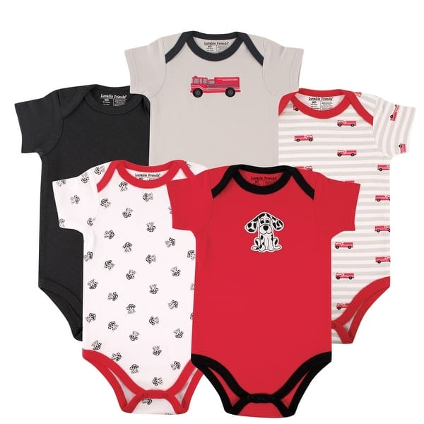 slide 1 of 1, Luvable Friends Baby Boy Cotton Bodysuits 5pk, Fire Truck 0-3 Months - Fire Truck