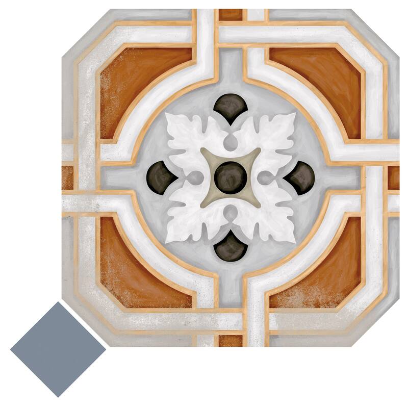 Merola Tile Vaudeville Octagon Deco Zimer with Taco Azzuro 7-7/8" x 7-7/8" Porcelain Floor and Wall Tile