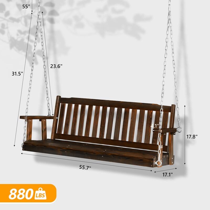 VINGLI Upgraded Heavy Duty 880 LBS 4 FT Patio Wooden Porch Swing Solid Fir Wood, Outdoor Handing Swing Bench for Garden