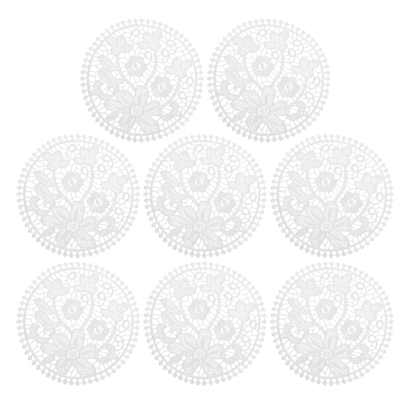 Lace Doilies, 8Pcs 7" - Polyester Round Lace Placemats for Coffee Shop (White)