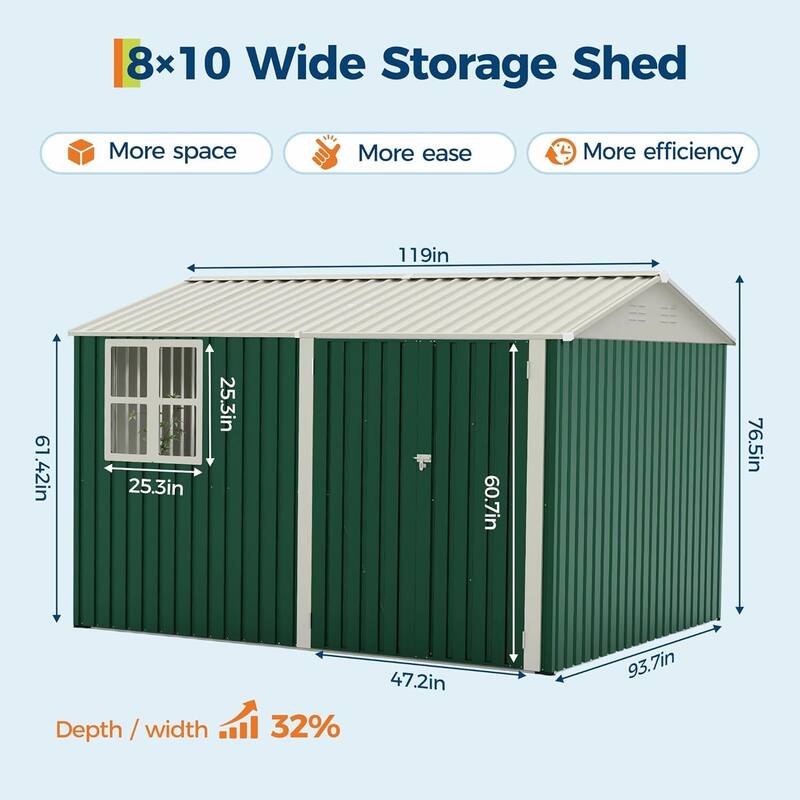 8×10FT Storage Shed Metal Tool Garden Shed for Garden, Backyard, Patio