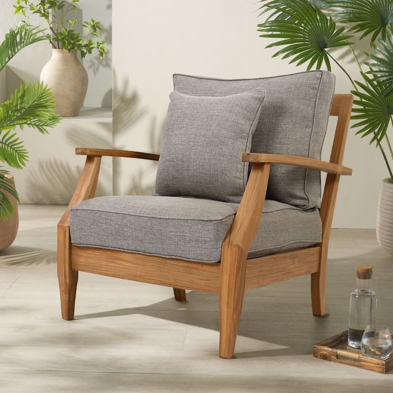 SAFAVIEH Couture Freida Wood Patio Arm Chair - 31.4" W x 35.6" L x 32.6" H - 31"W x 36"D x 33"H - Natural Teak/Taupe