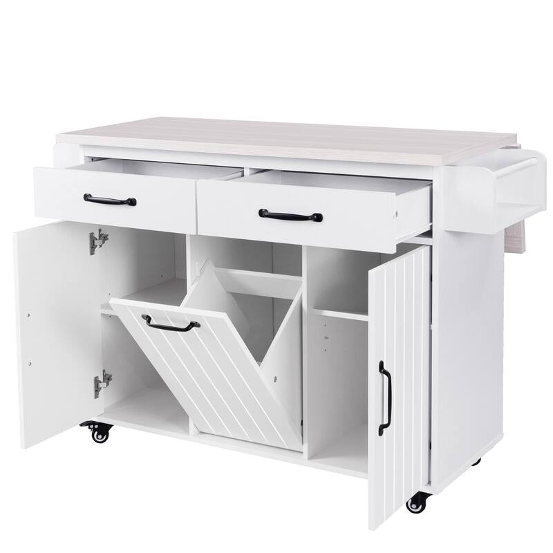 Kitchen Island with Trash Can Storage Cabinet, Rolling Kitchen Island on Wheels with Adjustable Shelf, Drop Leaf & Drawer