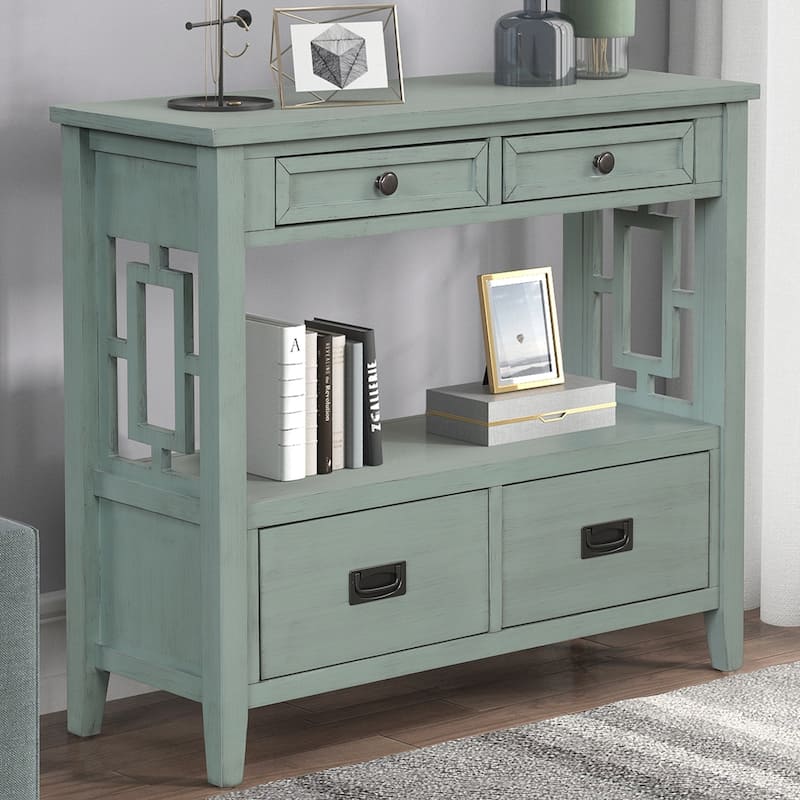 36'' Farmhouse Pine Wood Console Table Entry Sofa Table with 4 Drawers & 1 Storage Shelf for Entryway Living Room Bedroom