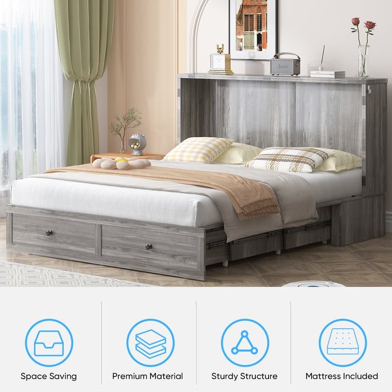 Mixoy Modern Full/Queen Size Murphy Bed Chest with Mattress and Storage