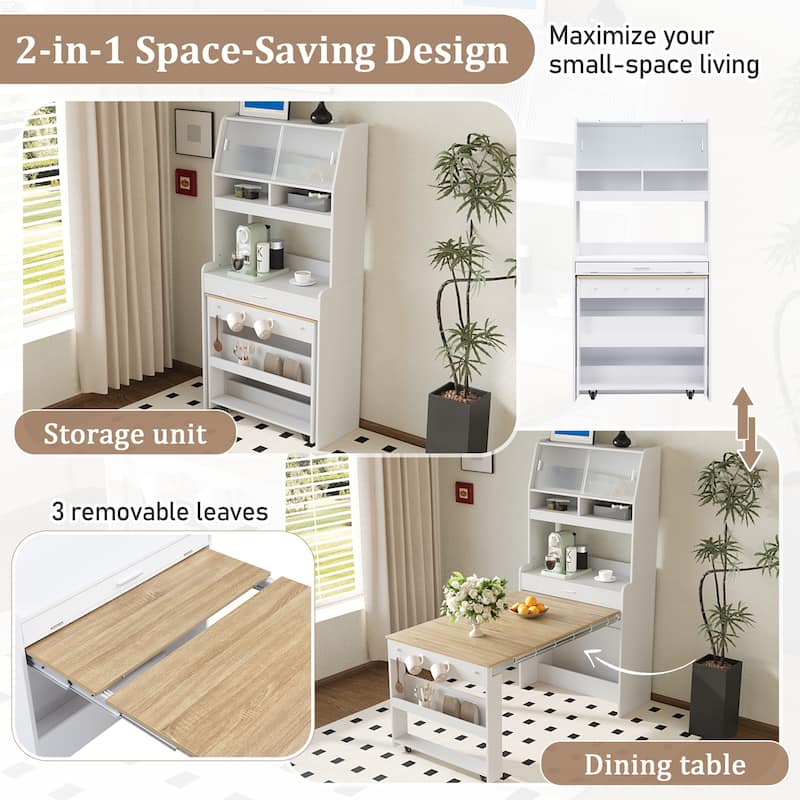 Multifunctional Buffet Hutch and Foldable Dining Table with Storage Unit and Rolling Wheels for Small Spaces
