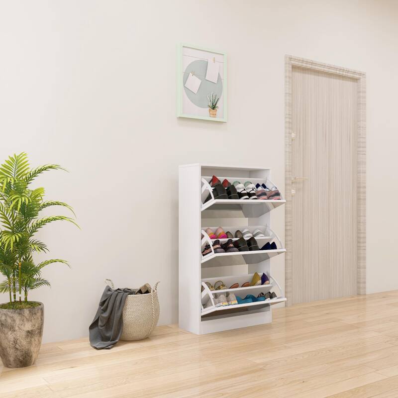Narrow Shoe Storage Cabinet with 3-Tier Rotating Drawers and Glass Mirror, Superb for Home and Apartment