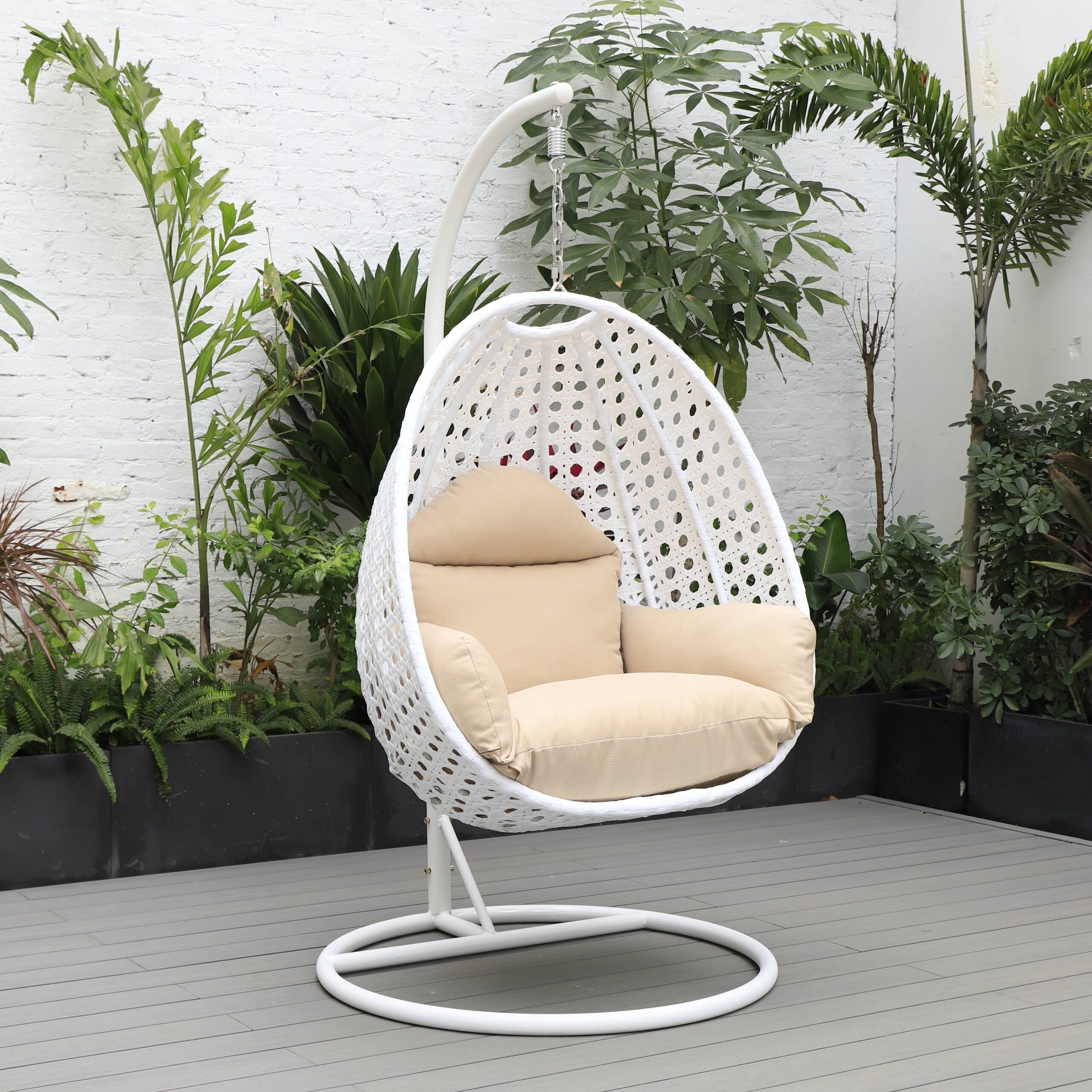 Patio Hanging Egg Swing Chair White Wicker Shell and Iron Frame Breathable Removable Cushion Covers by LeisureMod Bed Bath Beyond 35880551