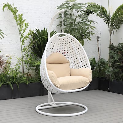 Patio Hanging Egg Swing Chair with White Wicker Shell and Iron Frame for Indoor Outdoor Patio Porch Garden Backyard