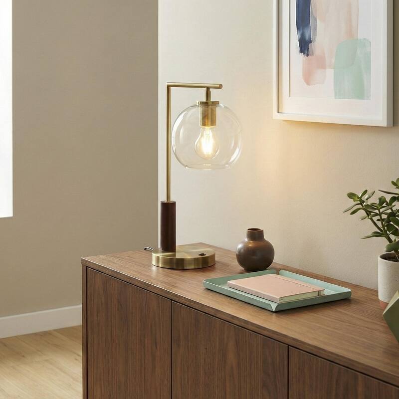 Gibbs Globe Table Lamp with Clear Glass Shade and Rubber Wood Base