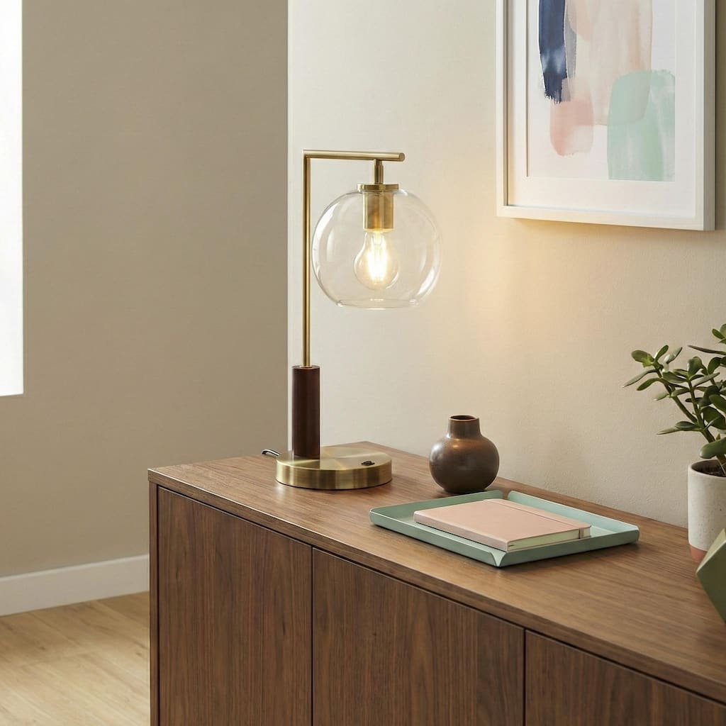 Gibbs Globe Table Lamp with Clear Glass Shade and Rubber Wood Base