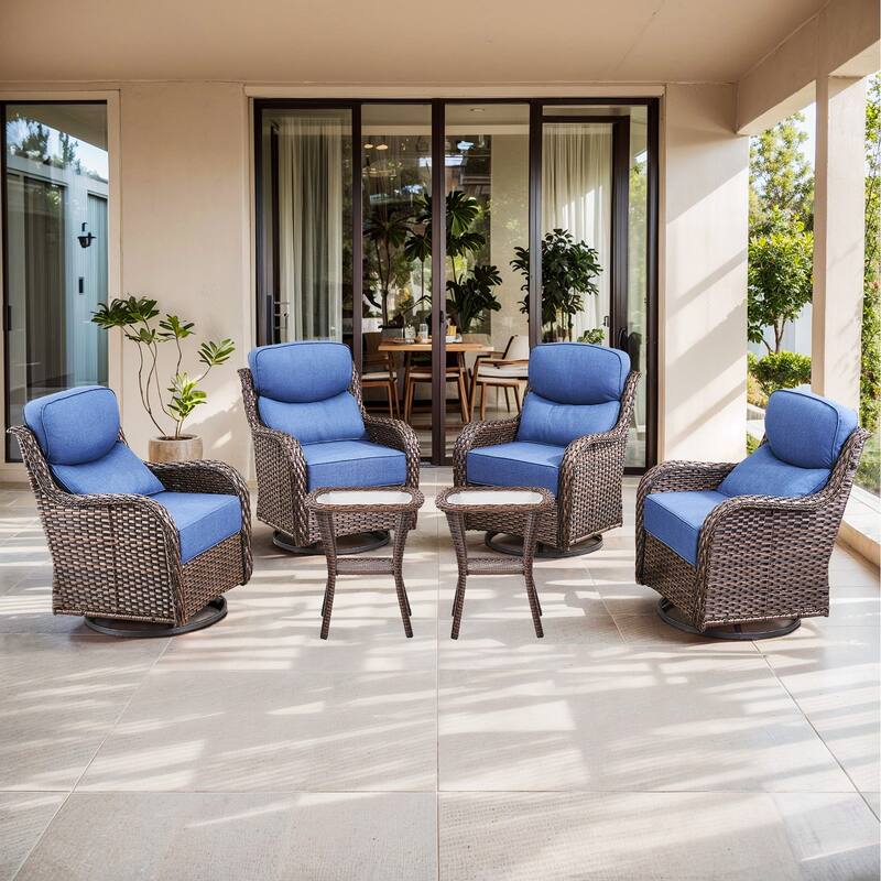 Gymojoy 6-Piece Patio Furniture Set with Swivel Glider Chairs, 6-Inch Ultra-Plush Cushions & Water-Resistant Olefin Fabric - Brown Wicker / Blue Cusion - 6-Piece