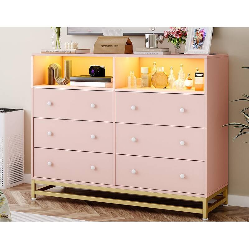 6-Drawer Double Dresser for Bedroom, Wooden TV Stand with LED Lights & Power Outlet, Storage Cabinet for Closet