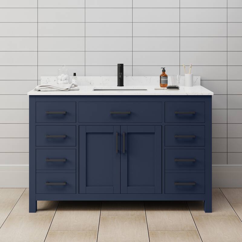 Wyndham Collection Beckett 54" Free Standing Single Basin Vanity Set - Dark Blue / Carrara Cultured Marble Top / Matte