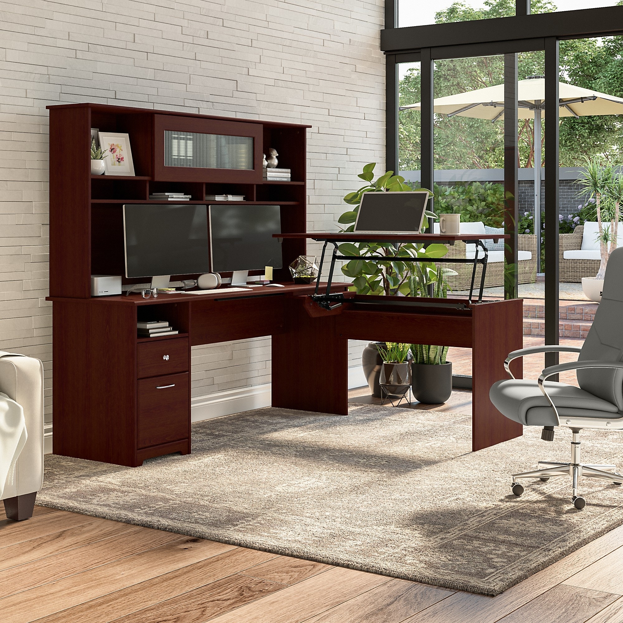 72W 3 position L shaped Sit to Stand Desk with Hutch by Bush