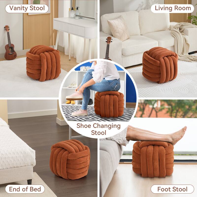 060Chenille Fabric Modern Knot Design Ottoman Makeup Stool Footstool, Comfortable and Stylish Seat for Living Room, Bedroom, - Orange