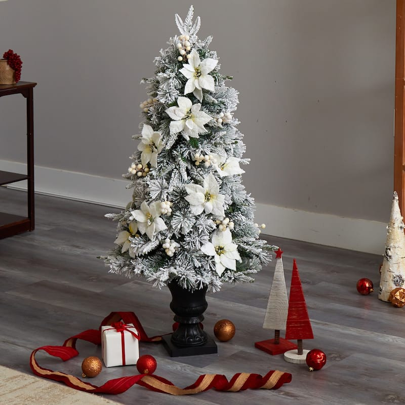 4ft. Flocked Artificial Christmas Tree with 223 Branches & 100 Warm Lights in Decorative Urn - Snowy Holiday X-Mas Glow