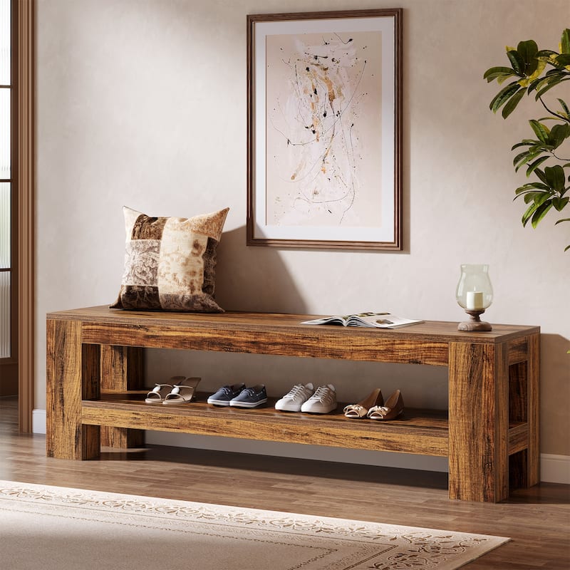 Wooden Entryway Bench with Storage Shelf, Console Shoe Bench, Hallway Kitchen End of Bed Accent Seat Storage Bench for Bedroom