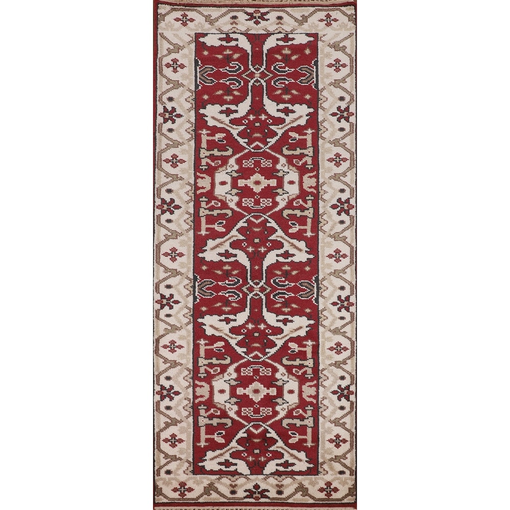 Red & Ivory Oushak Indian Runner Rug Hand-Knotted Wool Carpet - 2'9"x 7'10"