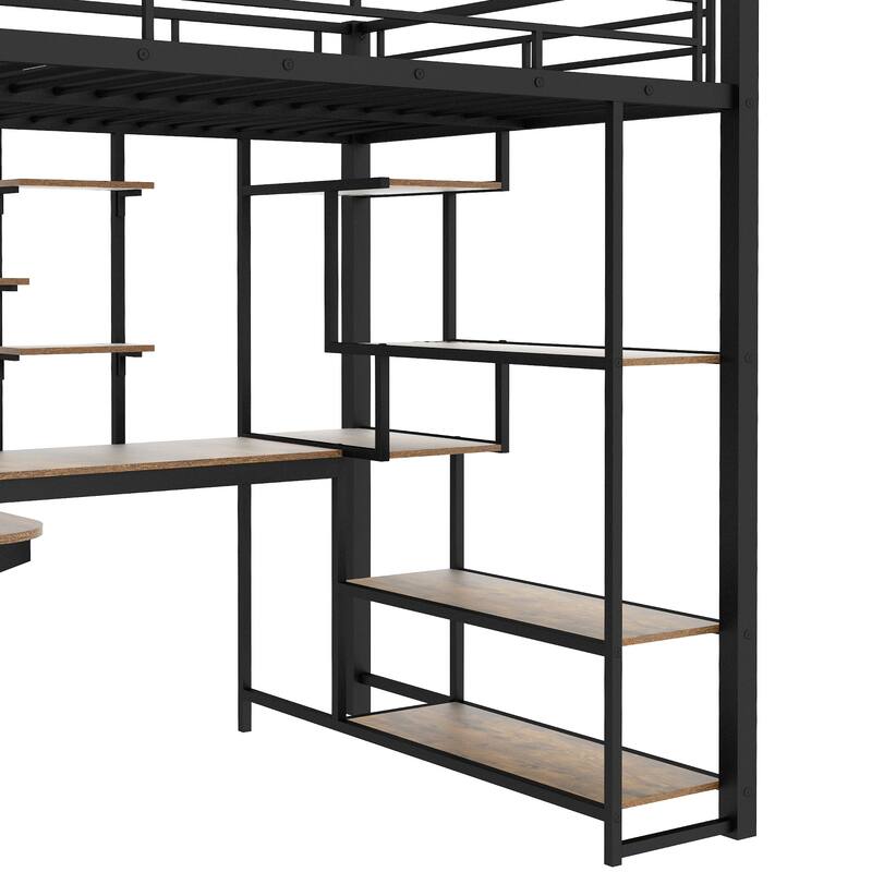 Full Size Metal Loft Bed with Storage Staircase and Small Wardrobe, Built-in Desk and Storage Shelves