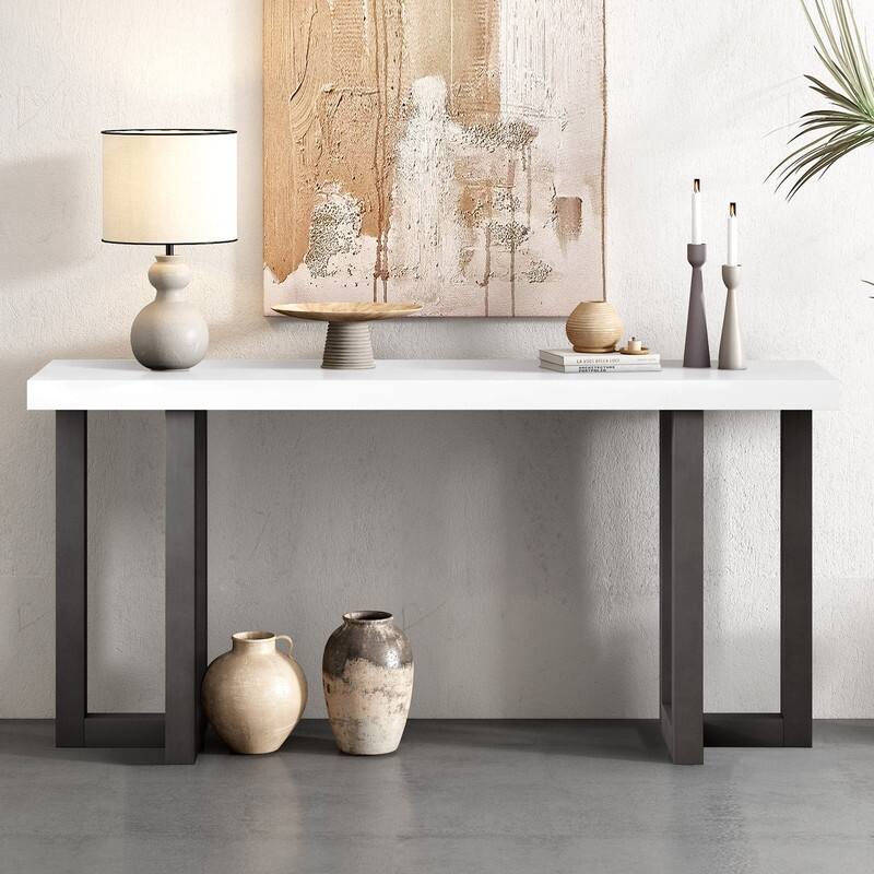 63" Long Console Table with Solid Pine Legs for Entryway Hallway Living Room or Bedroom Use - White&Grey