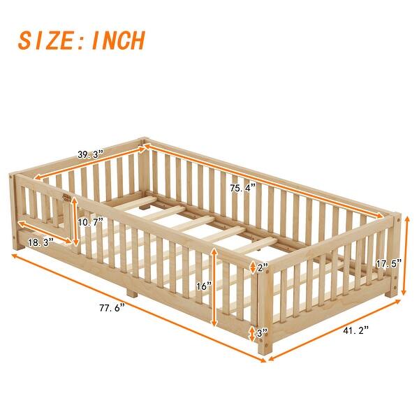 dimension image slide 1 of 3, Toddler Montessori Bed Twin Floor Bed Frame with Fences, Door and Removable Slats Wood Frame Bed for Girls Boys Children's Room
