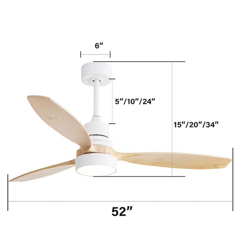 Sofucor 52-inch Solid Wood Ceiling Fan with LED Light,Remote Control Included,Reversible,Quiet and Powerful - With Light - White with Natural Wood Blades