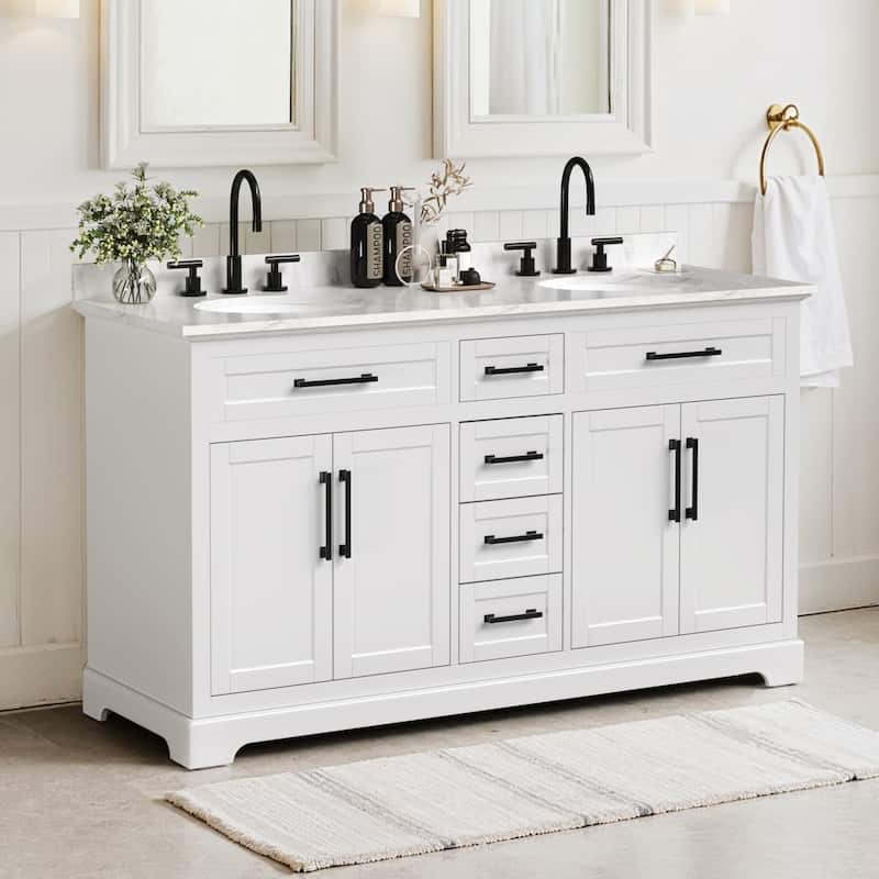 Bathroom Vanity with Marble Top and Sink - White - 60"W