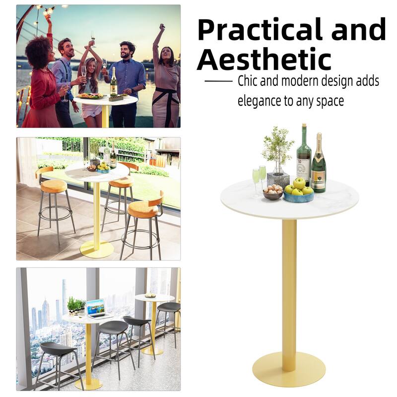 Tall Round Bar Height Bistro Pub Table for Business, Commercial Cafe - Glossy White Gold