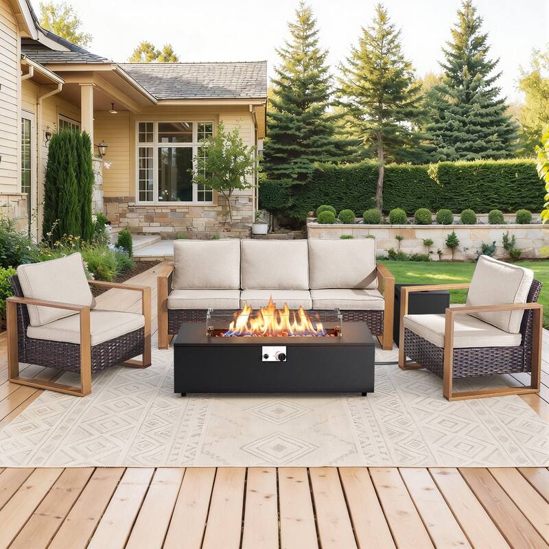 Meyreso Wicker Patio Conversation Set with Metal Fire Pit Table & 4.5-Inch Olefin Cushions