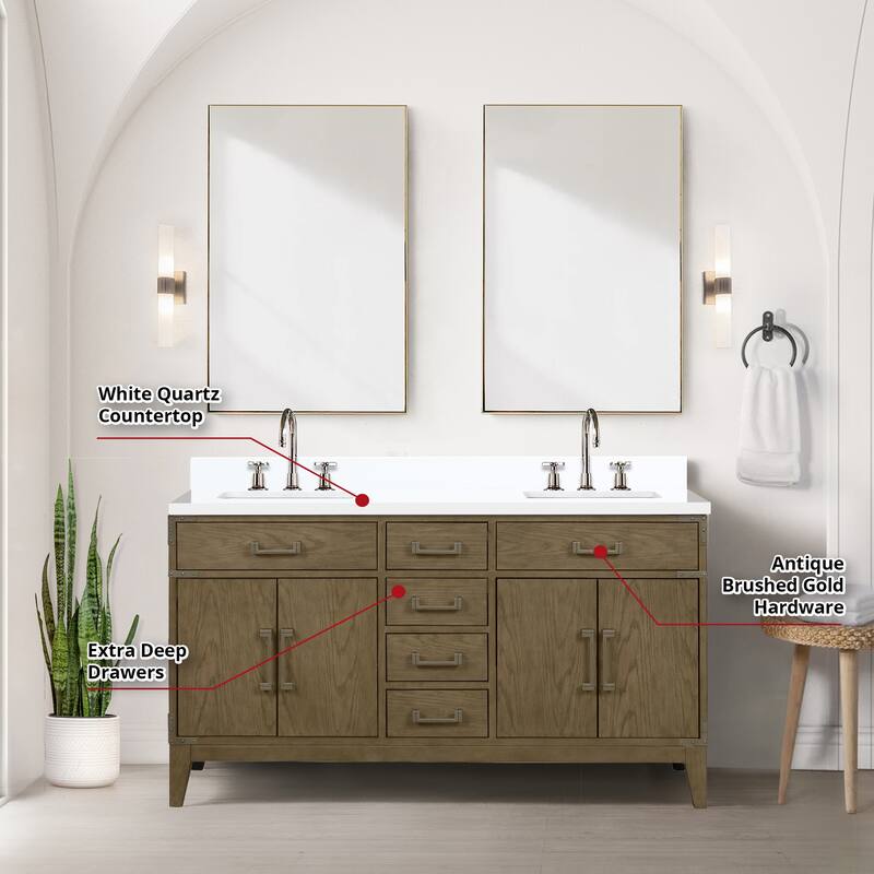 Laurel 60 in W x 22 in D Black Oak Double Bath Vanity, White Quartz Top, Faucet Set, and 28 in Mirrors