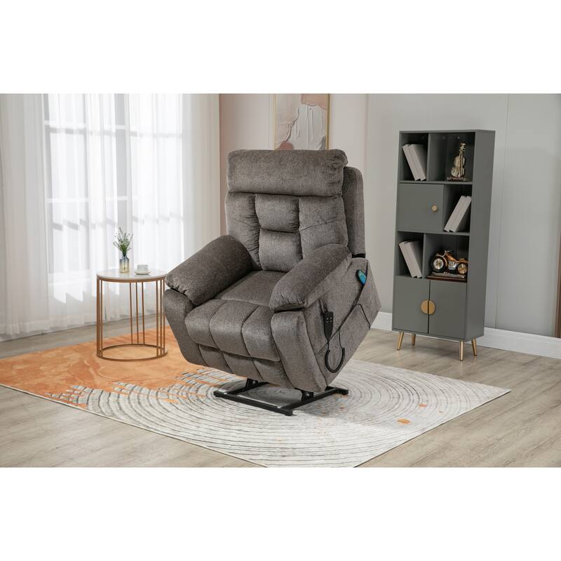 Gray Chenille Power Lift Recliner, Massage, Hidden Cup Holder - Gray