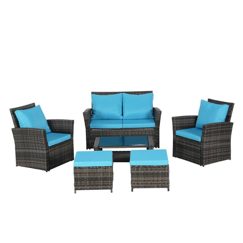 6-Piece Outdoor Patio Rattan Conversation Sofa Set with Tempered Glass Coffee Table