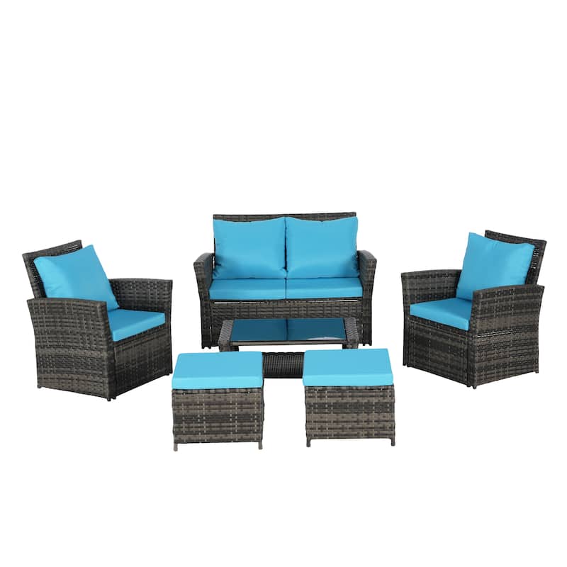 Patio Wicker Furniture Sets with Ottoman & Tempered Glass Coffee Table