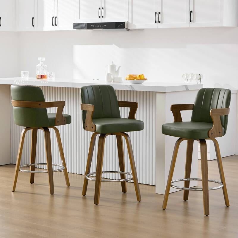 Upholstered Swivel Barstool with Arms and Bentwood Legs - 40.8"H x 18.9"W x 19.5"D/19.3"D