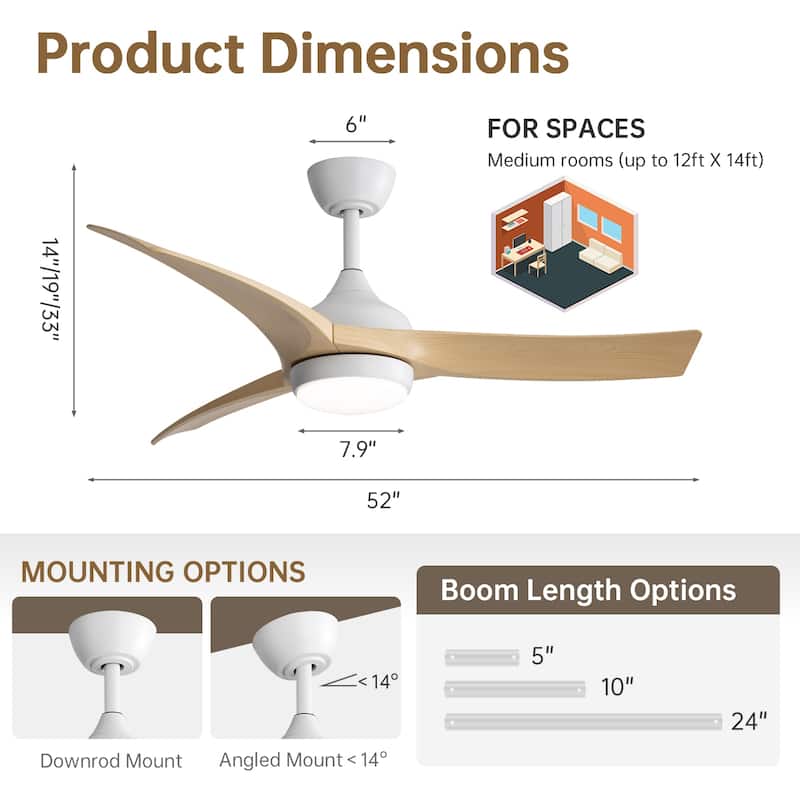 52" Indoor Noiseless Ceiling Fan with Integrated LED Light and Remote
