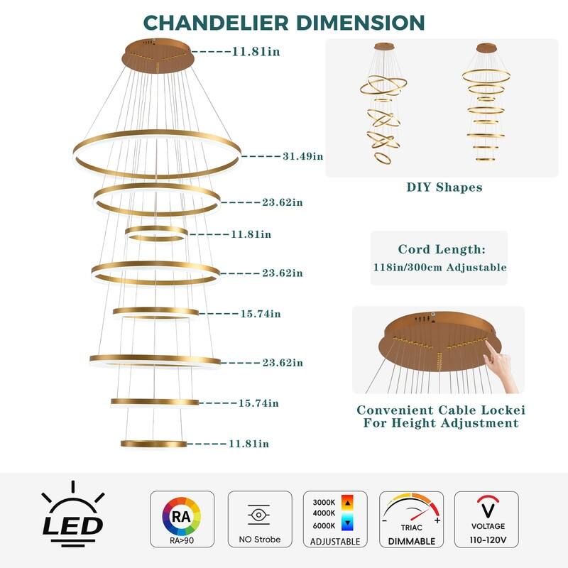 Modern Ring LED Chandelier Ring Adjustable Ceiling Light with Remote Control for High Ceilings