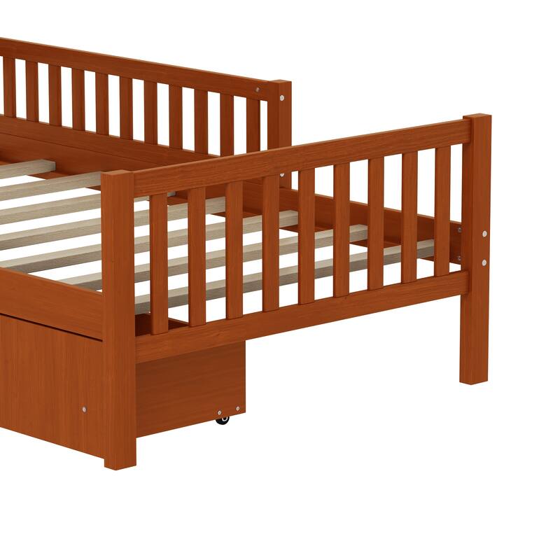 Wood Twin/Full Size Wood Platform Bed with Guardrails on Both Sides and Two Storage Drawers