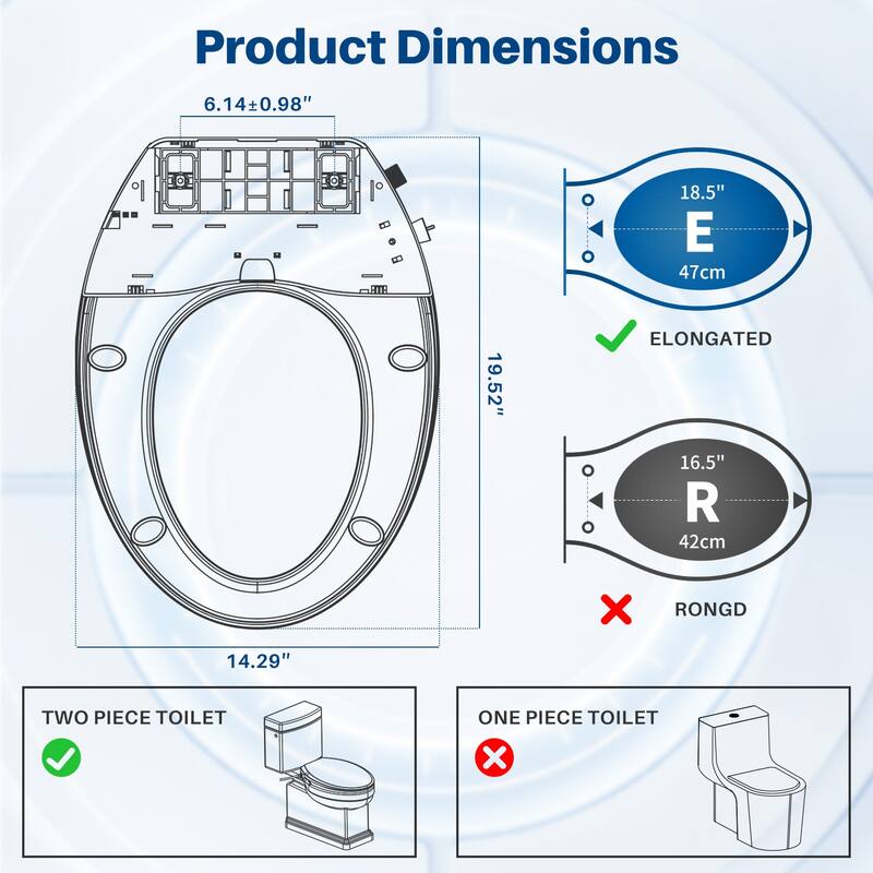 Non-Electric Quiet Close Bidet Seat for Elongated Toilets in White with Double Nozzles, Rinsing without Electricity - 20*15