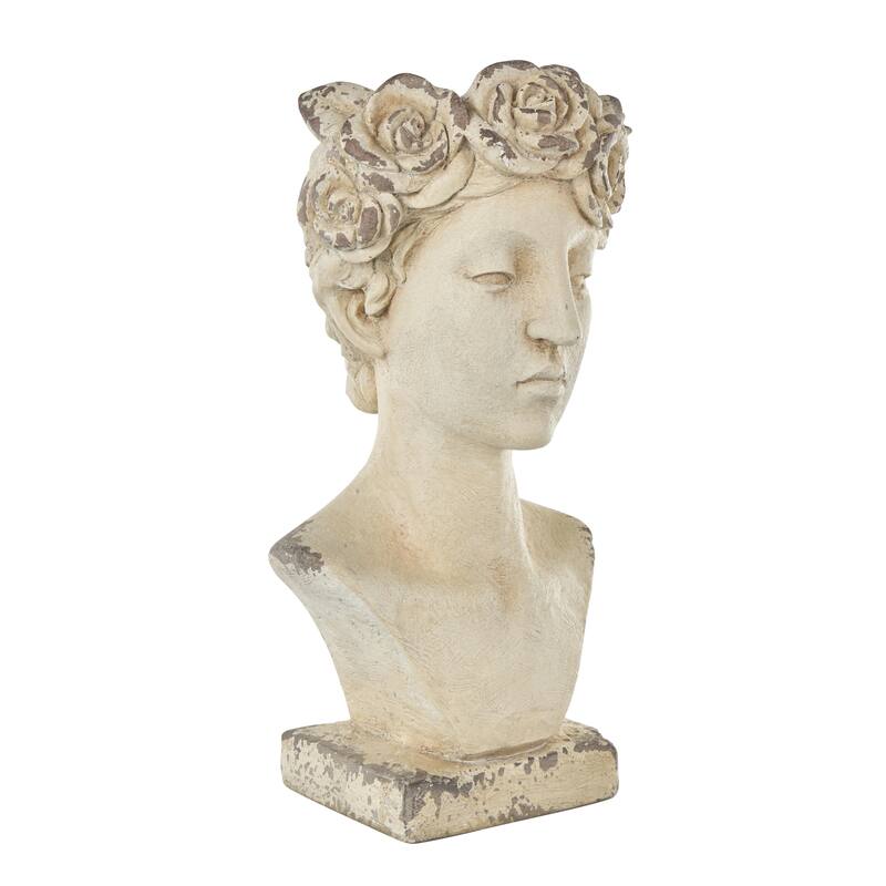 Magnesium Oxide Woman Distressed Antique Greek Bust Indoor Outdoor Planter with Floral Accents - Cream - Roche River Decor